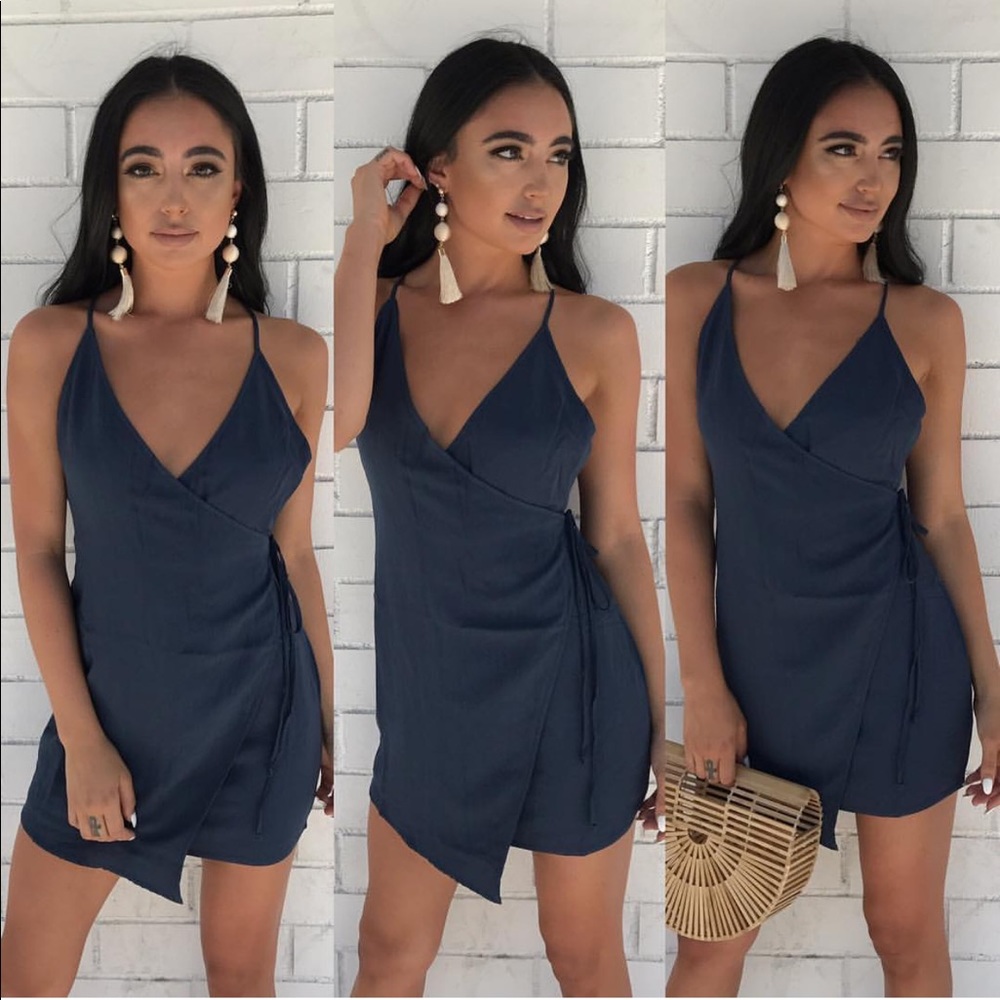 Navy blue wrap dress.